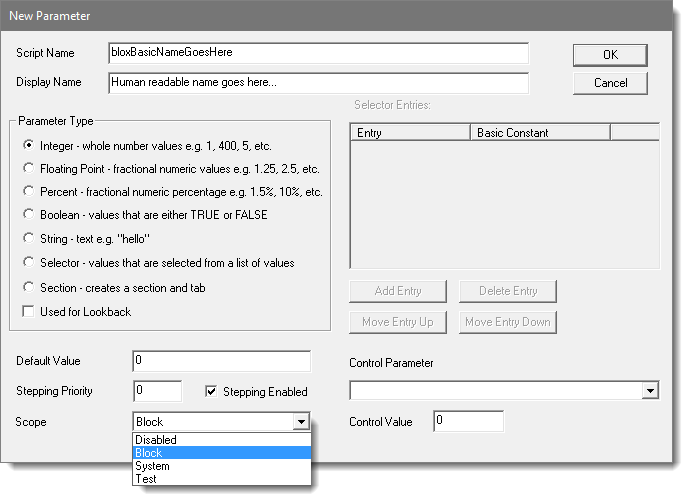 System Parameter Creation Dialog